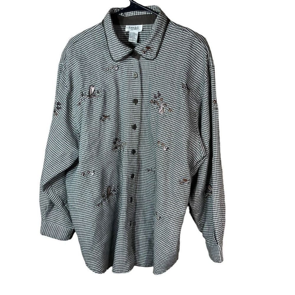 Vintage Teddi Gingham Check Embroidered Button Down Shirt Size 1X‎